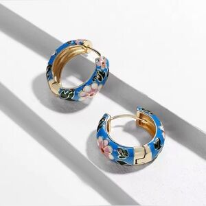 Vintage-inspired red floral boho enamel hoop earrings for pierced ears.